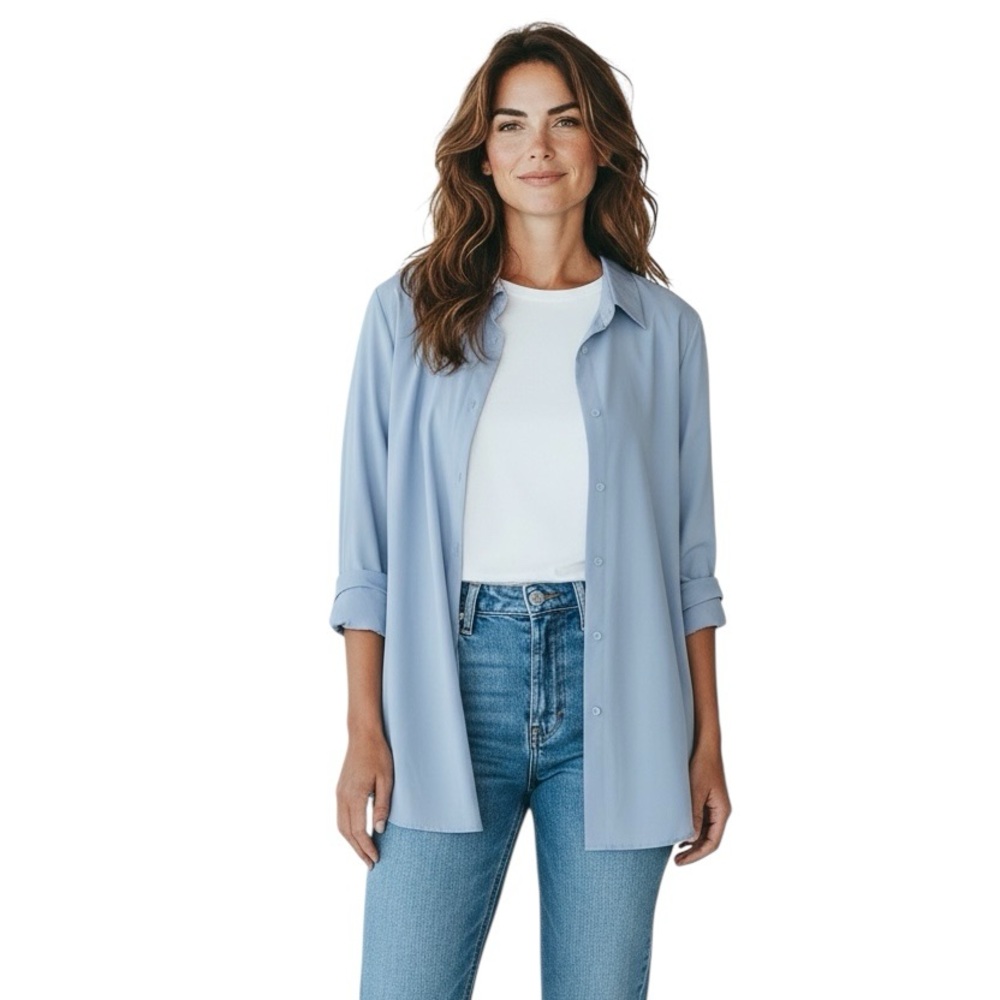 MarlaWynne Medium Blouse Pockets Shirt Stretch Blue Button Up Shirt Office